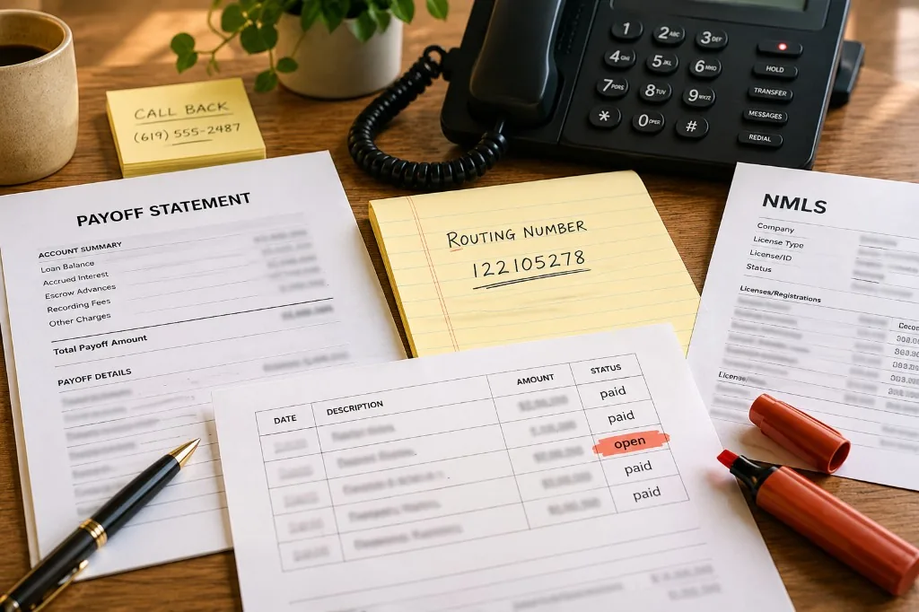 Escrow review desk with public source records and review paperwork